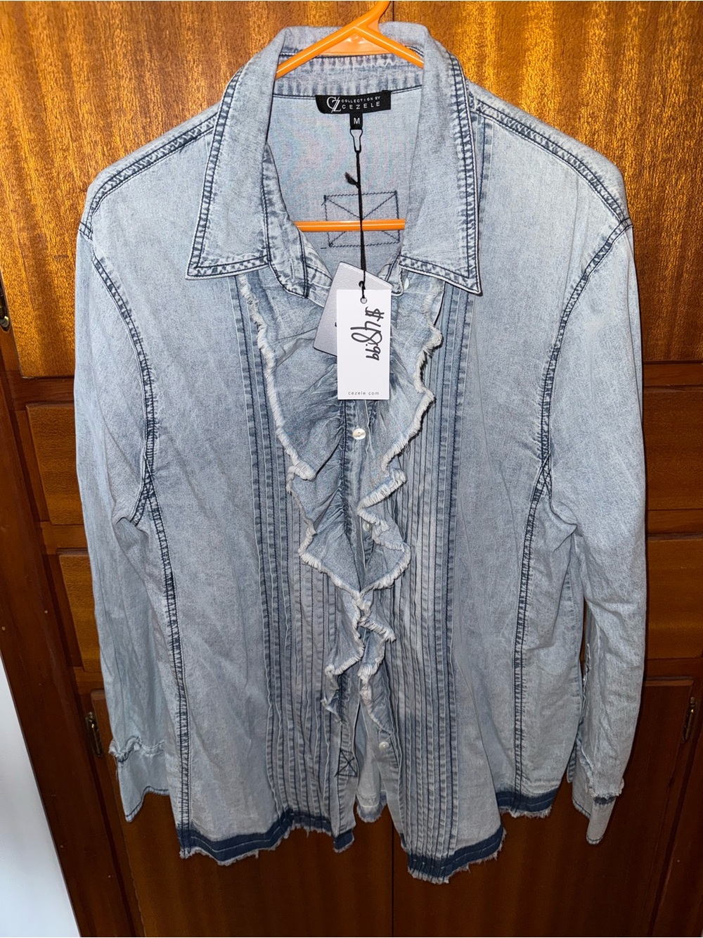 Zele Light Blue Washed Ruffle Denim Shirt